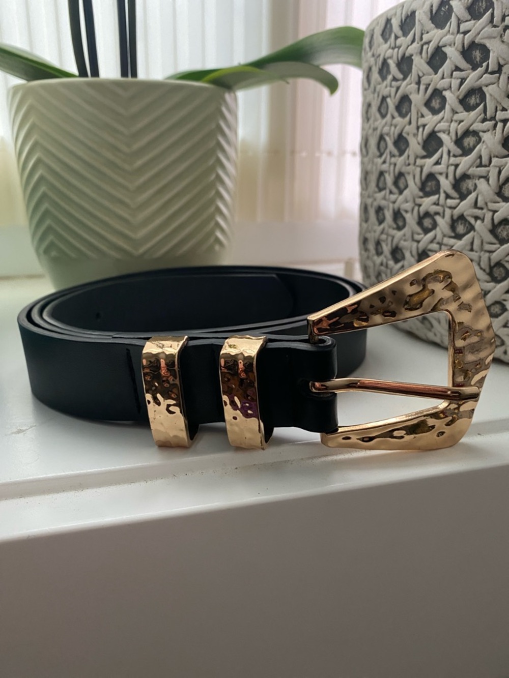 Dynamite Black Faux Leather Gold Hammered Buckle Belt 42”